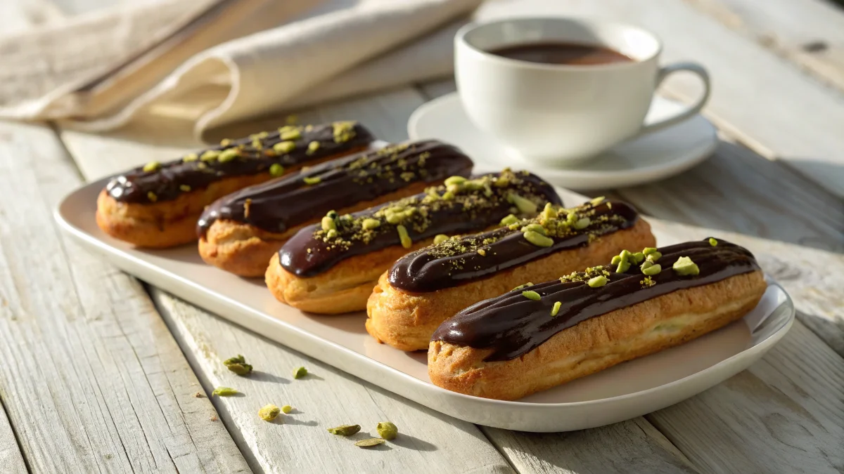 Eclairs filled with cream, topped with glossy chocolate glaze and garnished with chopped pistachios.