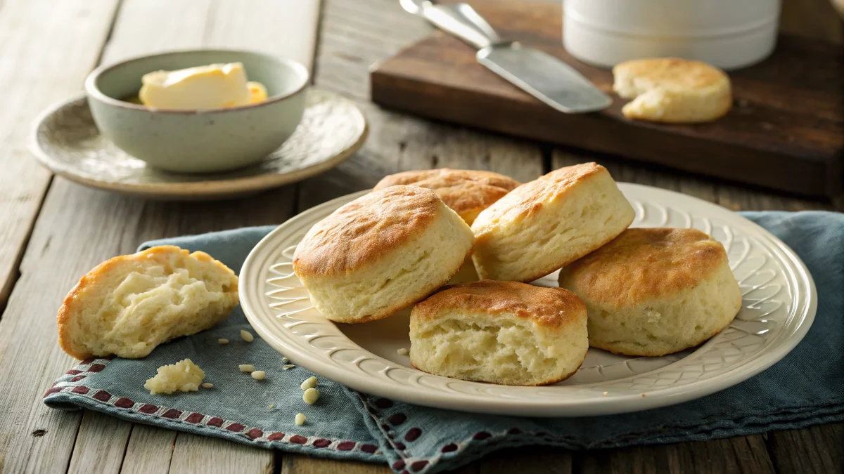 A plate of freshly baked golden biscuits with a flaky texture, placed on a rustic wooden table with a pat of butter on top. The warm, inviting photo captures the final result of a homemade biscuit recipe, taken with natural light.