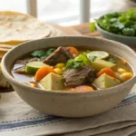 Caldo de Res Origin with beef and fresh vegetables in a steaming bowl