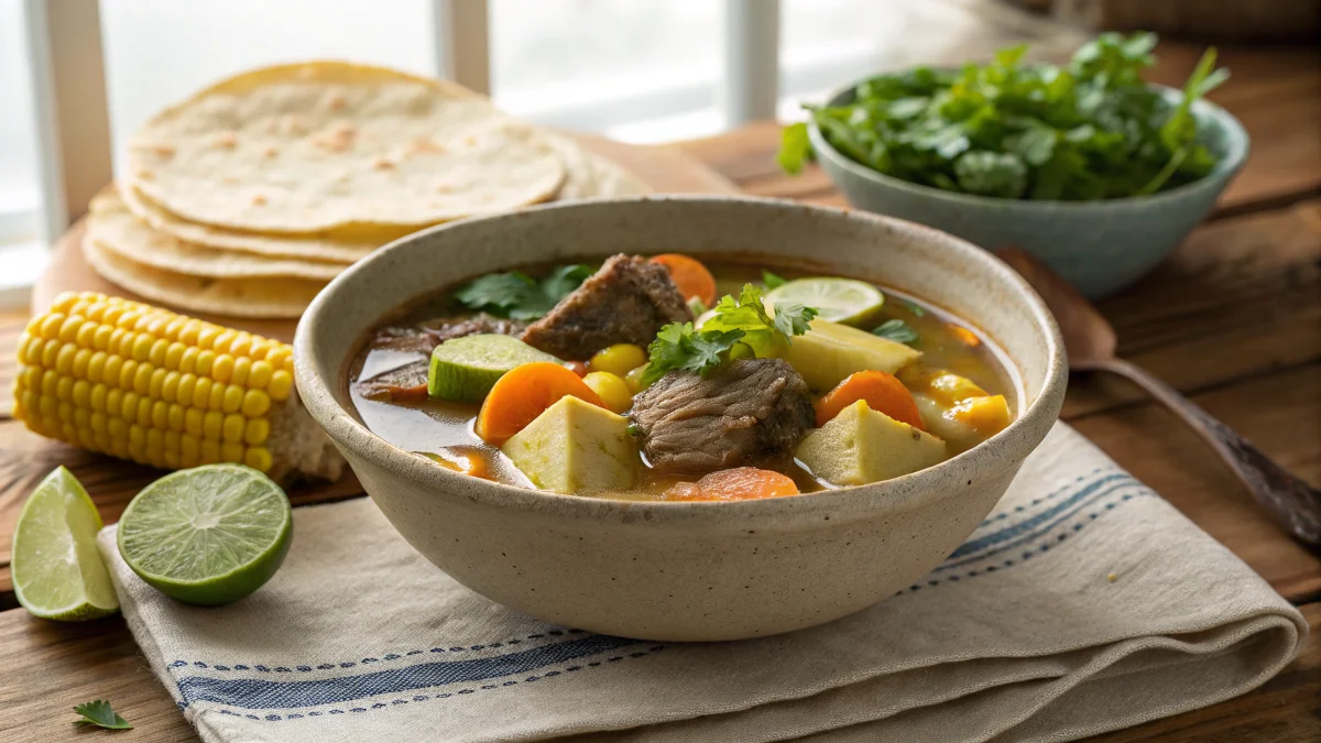 Caldo de Res Origin with beef and fresh vegetables in a steaming bowl