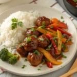 A plate of delicious sweet and sour meatballs garnished with parsley, served with steamed rice and stir-fried vegetables. The dish is accompanied by a wooden spoon, showcasing a cozy kitchen setting.