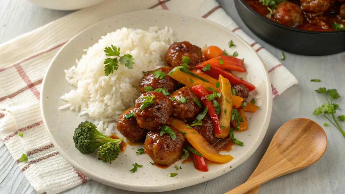 A plate of delicious sweet and sour meatballs garnished with parsley, served with steamed rice and stir-fried vegetables. The dish is accompanied by a wooden spoon, showcasing a cozy kitchen setting.