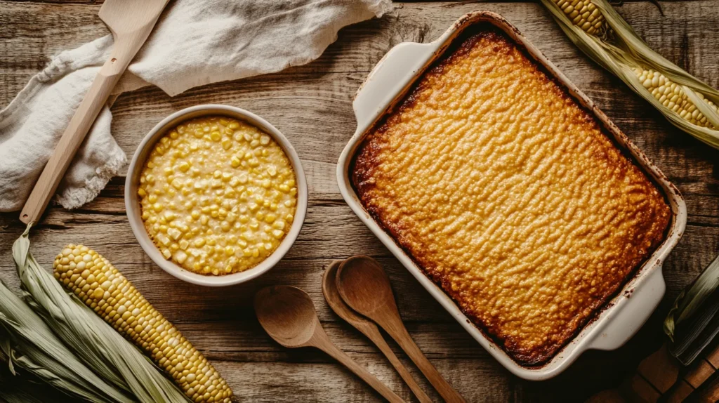 Side-by-side view of corn pudding and corn casserole on a rustic wooden countertop, highlighting their texture and appearance differences.