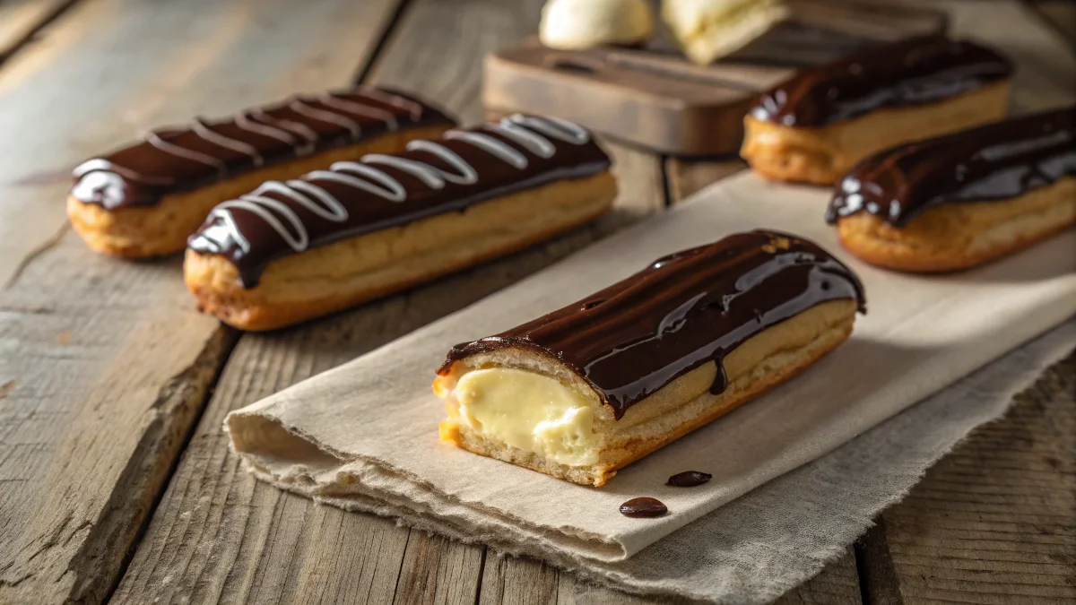 Traditional French éclairs with chocolate glaze and custard filling.