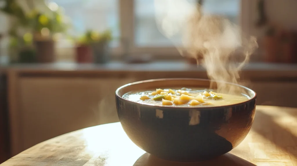 Bowl of creamy leek and potato soup in a cozy winter kitchen