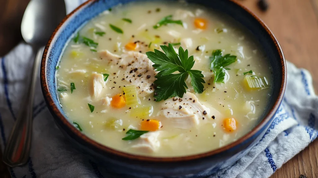 Creamy chicken and leek soup served in a rustic bowl