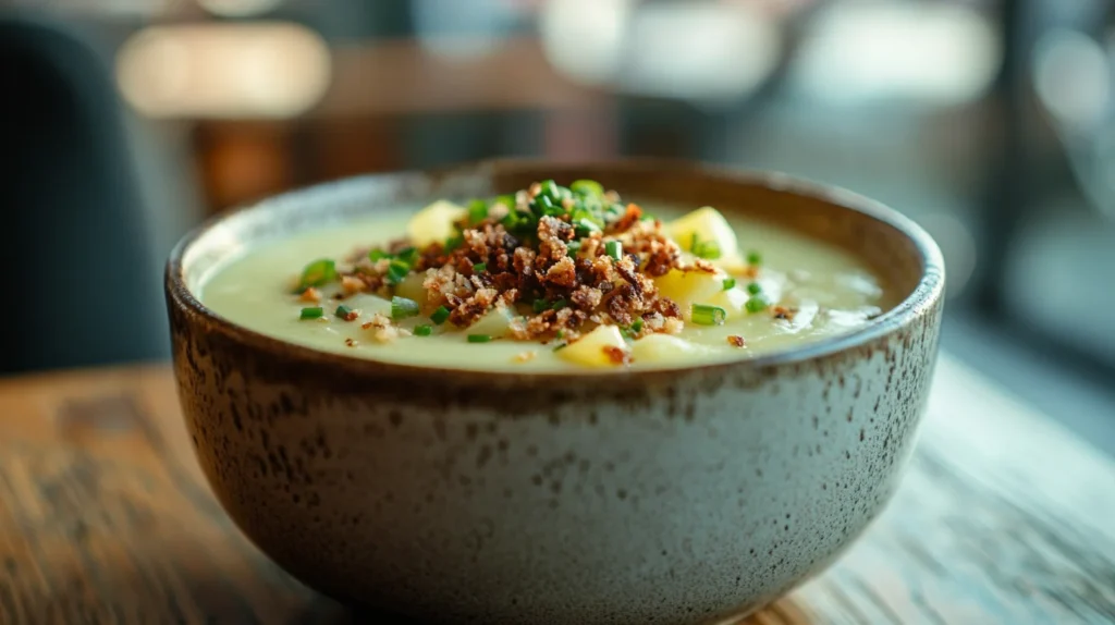 Leek and potato soup garnished with smoked turkey and chives