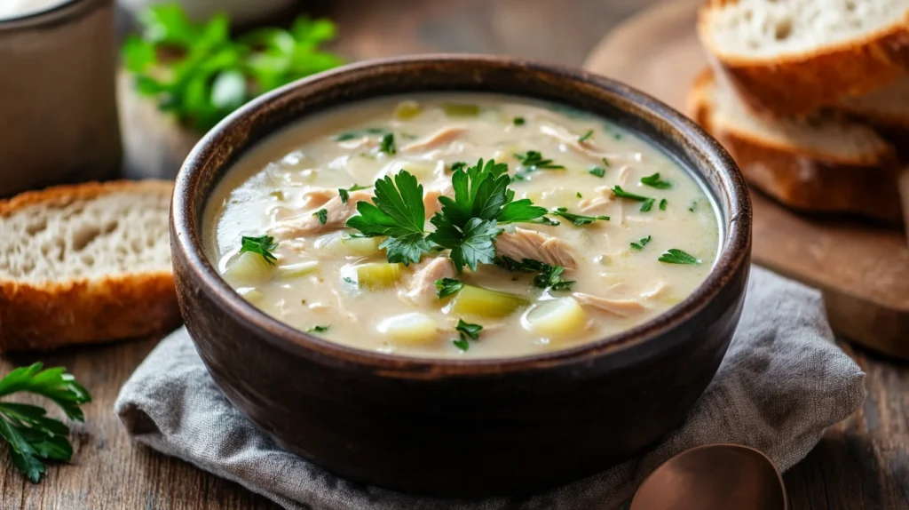 Creamy chicken leek and potato soup served hot with bread on a rustic table