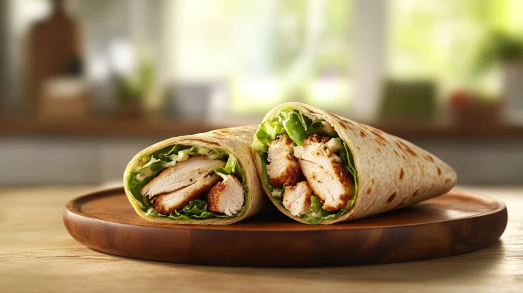 Close-up of a freshly made Chicken Caesar Wrap with chicken, lettuce, and parmesan