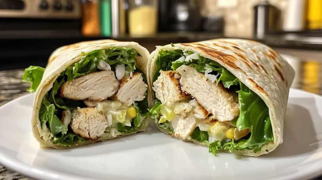 Final result of a freshly made halal chicken caesar wrap on a plate