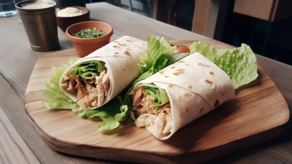A freshly made Chicken Caesar Wrap sliced and served on a rustic wooden plate.