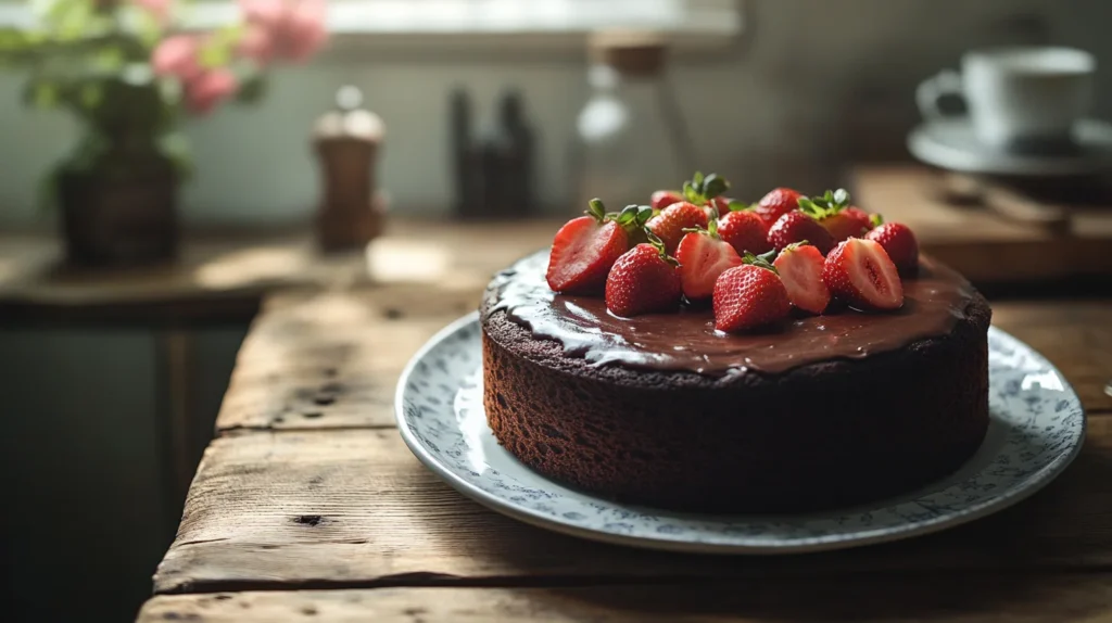 Chocolate cake with strawberries styled on a rustic wooden table