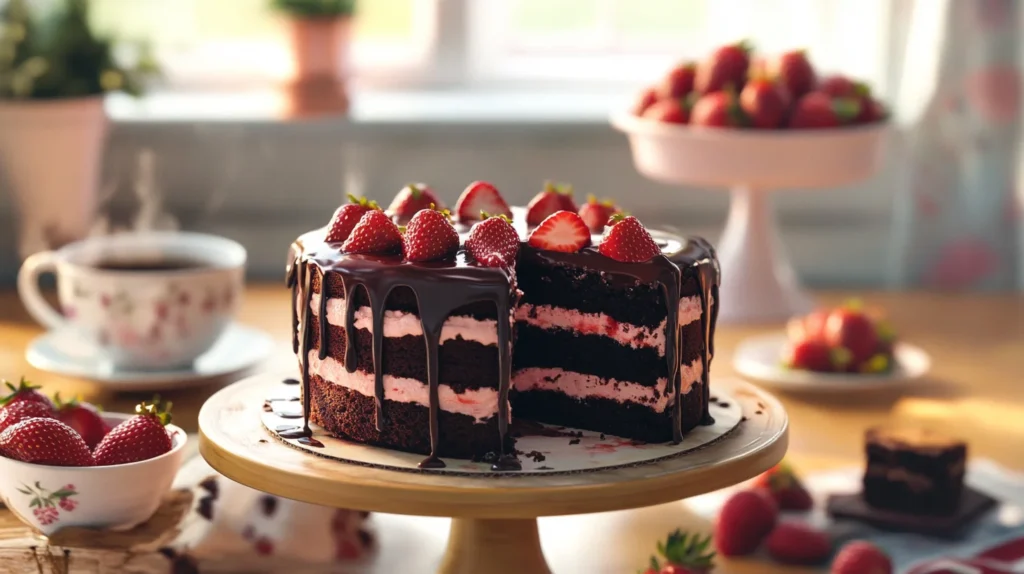 Overhead view of chocolate strawberry cake served for breakfast with coffee and fresh strawberries.