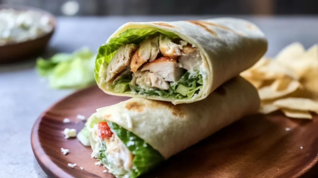 Chicken Caesar wrap sliced open showing juicy seasoned chicken and crisp lettuce