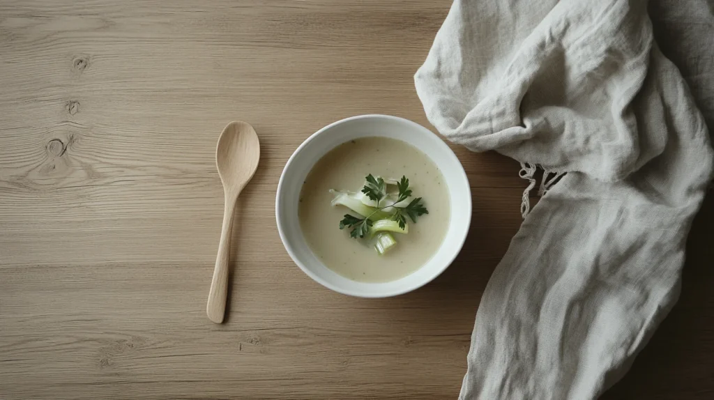 Bowl of homemade chicken and leek soup with fresh herbs