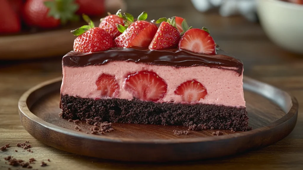 Close-up of moist strawberry chocolate cake with ganache and strawberries