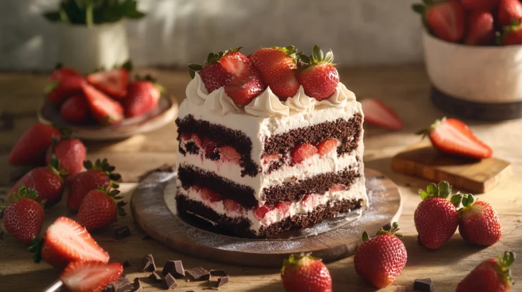 Chocolate cake slice with fresh strawberries on a plate.