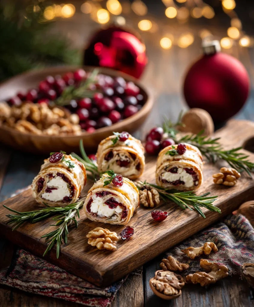 Holiday appetizer board with cranberry roll ups, rosemary, and warm Christmas décor.