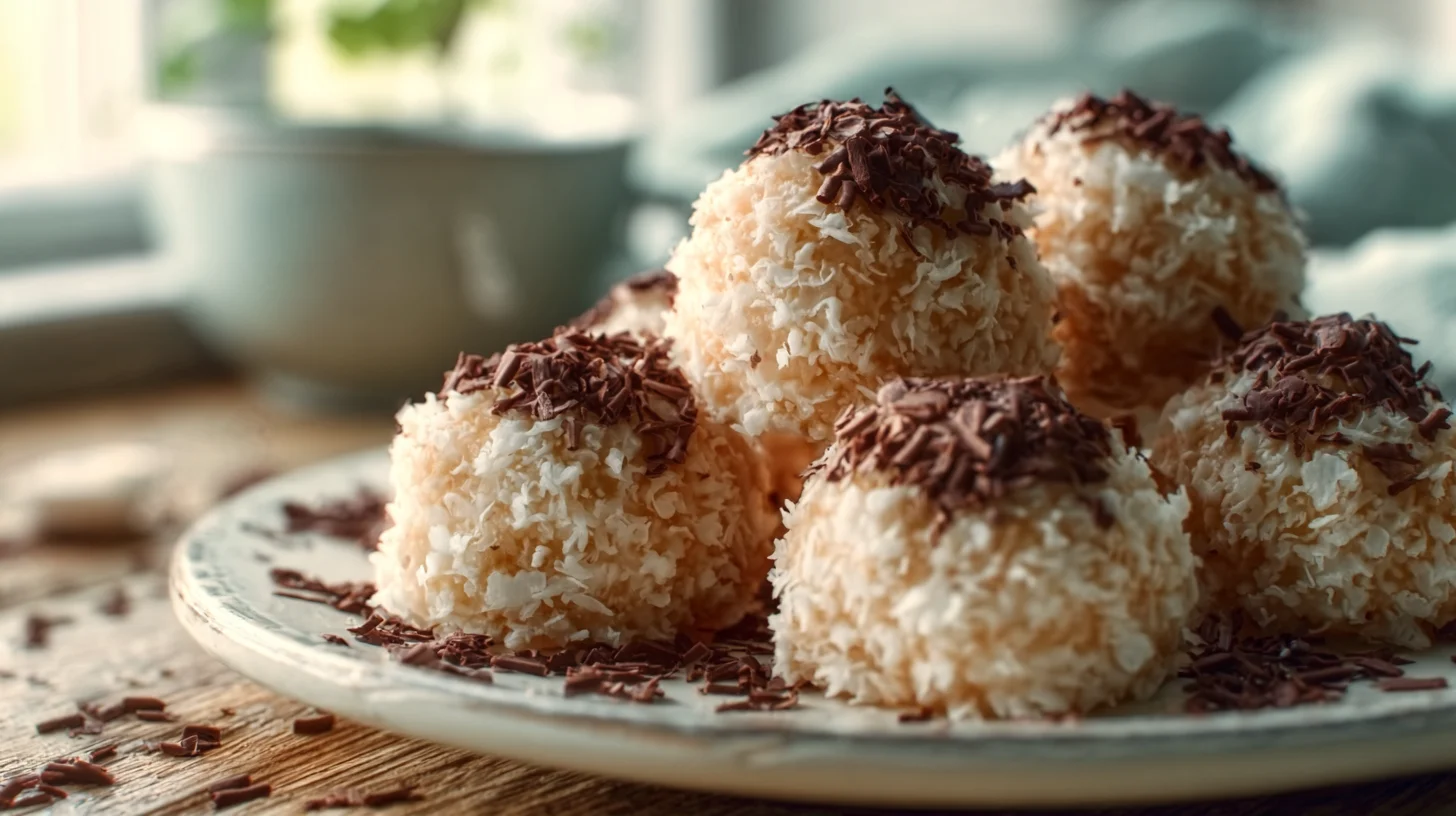 Best No-Bake Moose Farts displayed on a plate with coconut coating