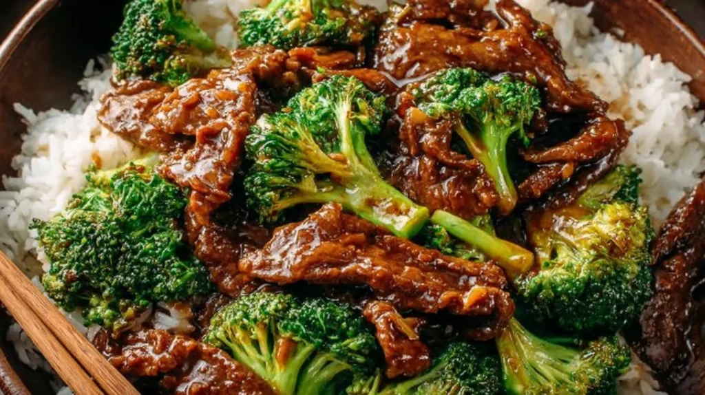 Chinese Beef and Broccoli recipe served over rice