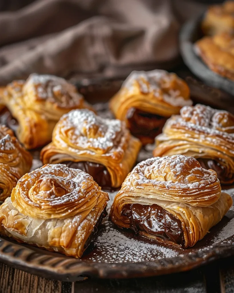 hands filling puff pastry squares with chocolate and folding them closed