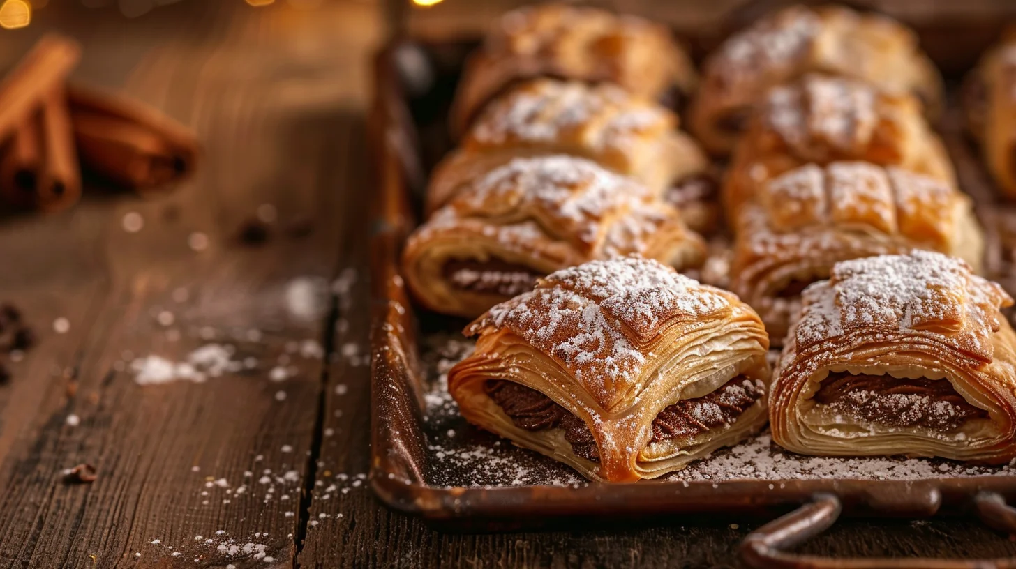 easy chocolate puff pastry bites on a rustic tray with powdered sugar