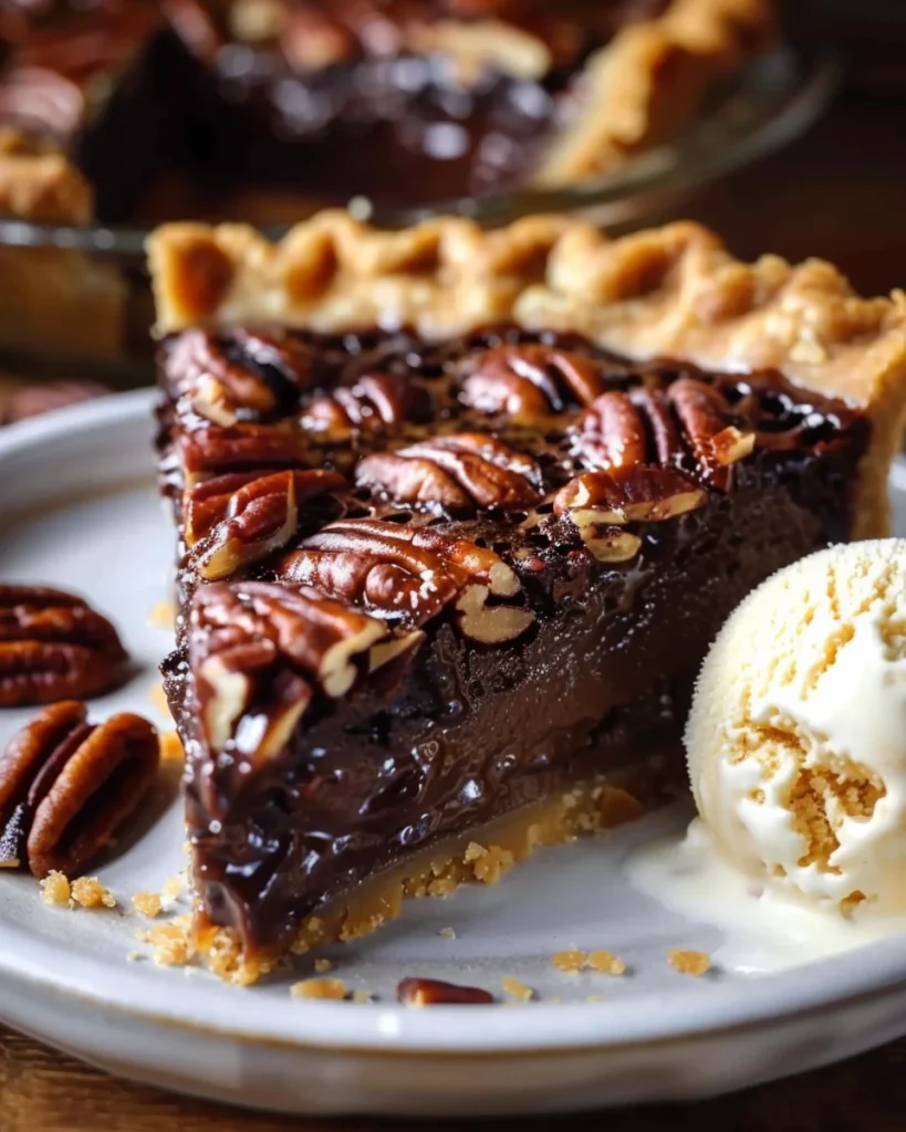 Slice of Texas-Style Chocolate Pecan Pie served with ice cream