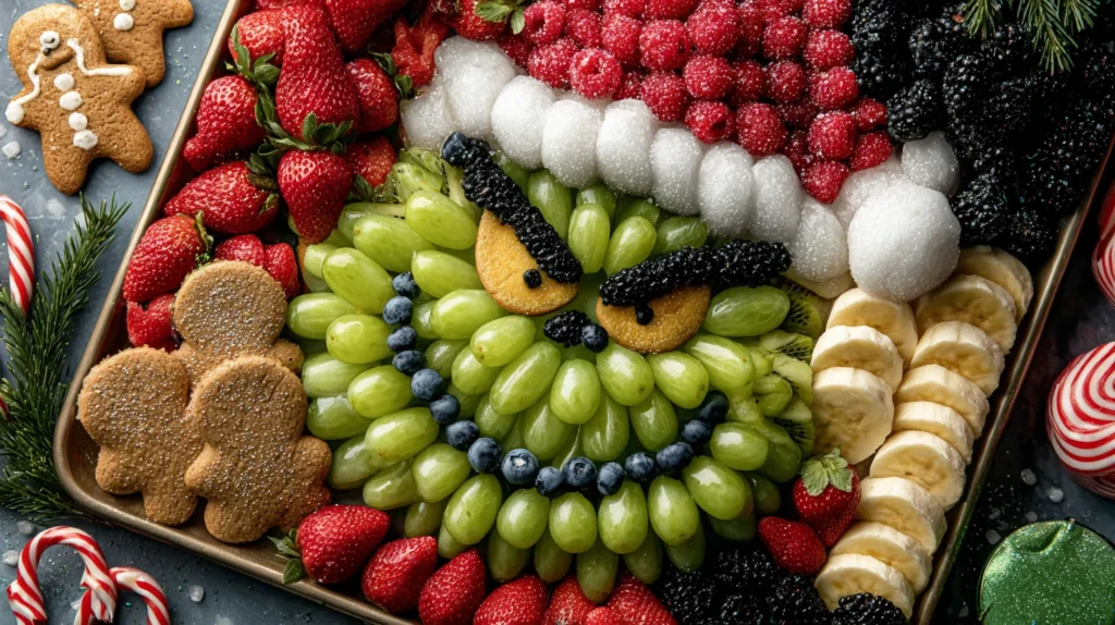 Ingredients for a Christmas Grinch Fruit Platter arranged on a flat surface.