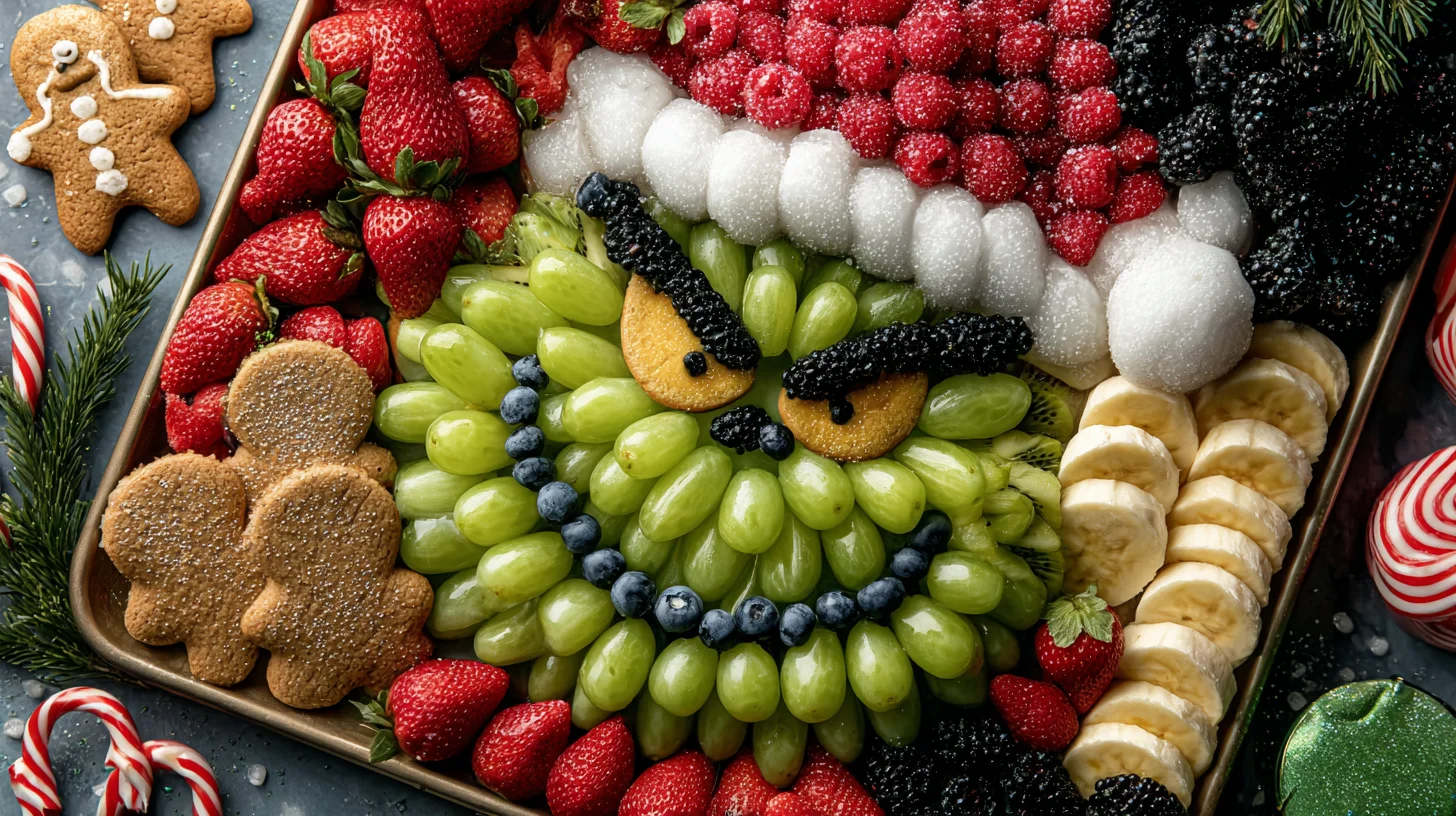 Ingredients for a Christmas Grinch Fruit Platter arranged on a flat surface.