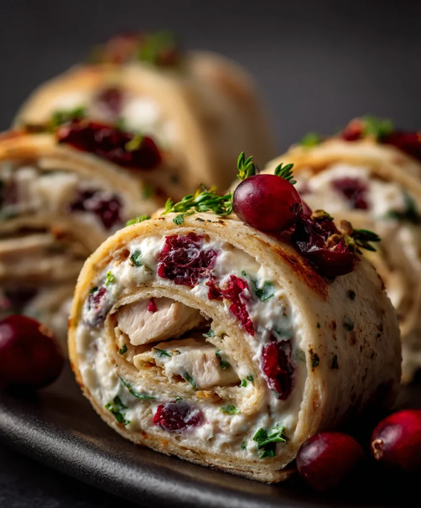 Close-up view of cranberry roll ups showing creamy filling and bright cranberry pieces.