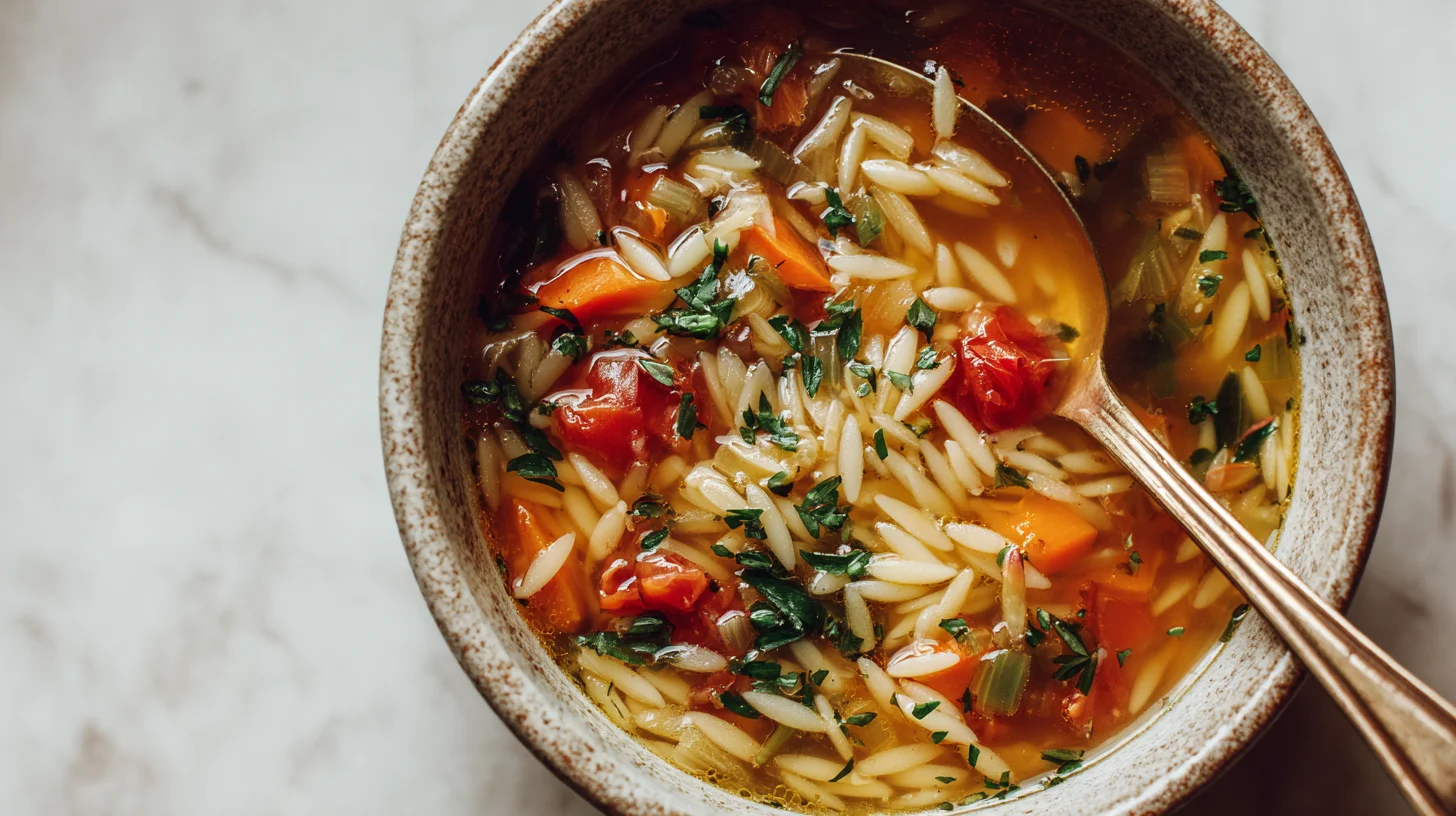 Easy Vegetable Orzo Soup in a rustic bowl with colorful vegetables and orzo pasta.