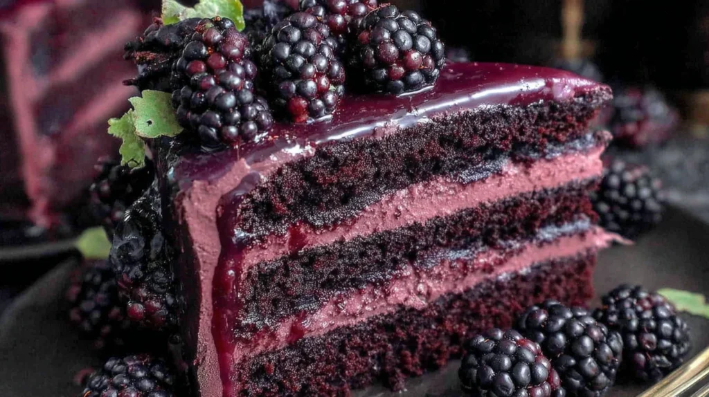 Gothic Blackberry Velvet Cake with dark purple frosting on a Victorian-style table.