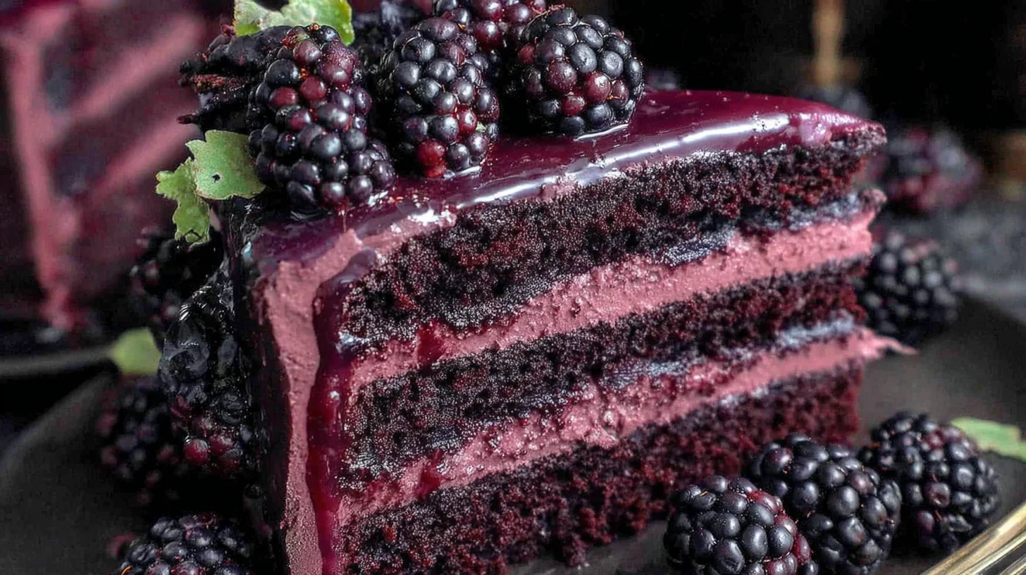 Gothic Blackberry Velvet Cake with dark purple frosting on a Victorian-style table.
