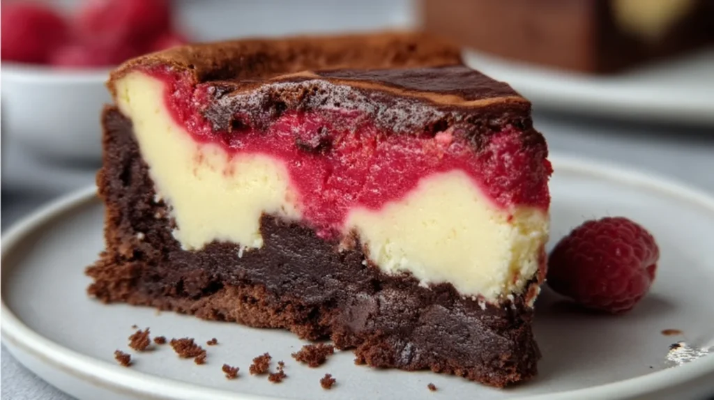Himbeer Brownie Cheesecake slice with fudgy brownie base, creamy cheesecake layer, and raspberry swirl.