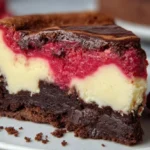 Himbeer Brownie Cheesecake slice with fudgy brownie base, creamy cheesecake layer, and raspberry swirl.