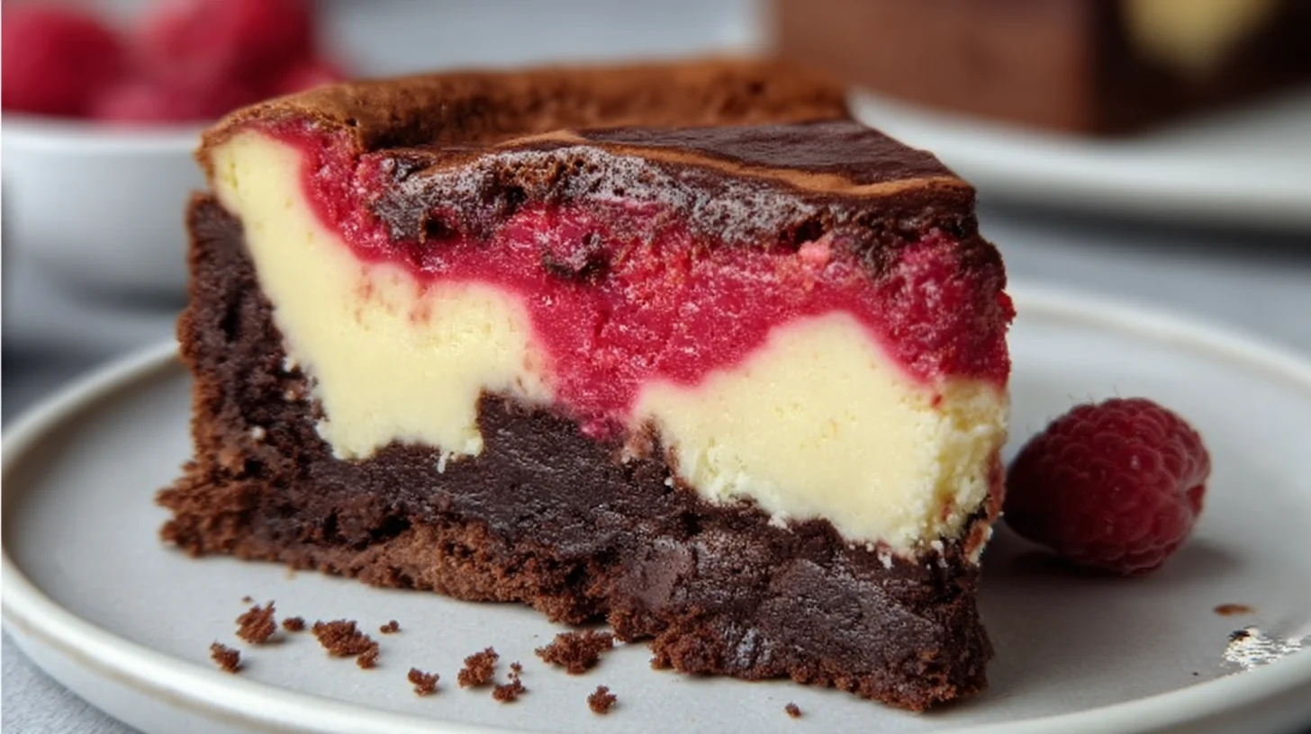 Himbeer Brownie Cheesecake slice with fudgy brownie base, creamy cheesecake layer, and raspberry swirl.