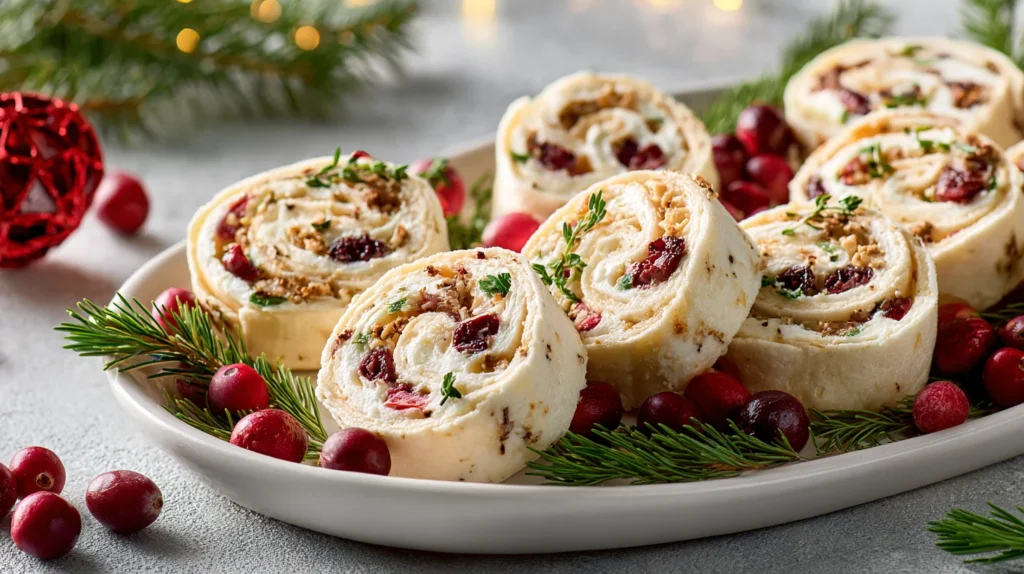 Holiday Christmas Cranberry Roll Ups on a festive platter