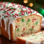Slices of Holiday Christmas Sprinkle Bread served with hot chocolate, berries, and butter in a cozy Christmas setting.