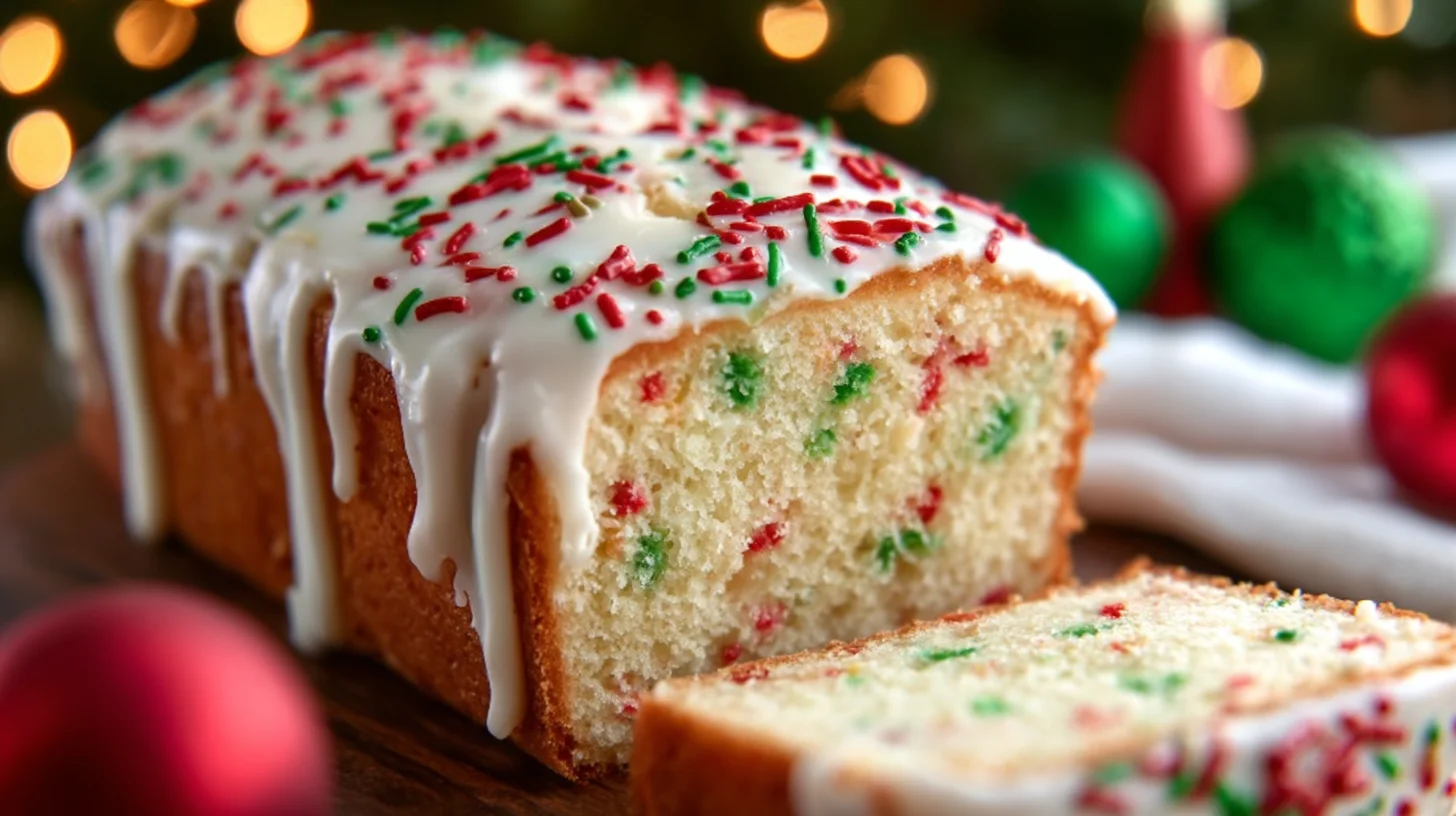 Slices of Holiday Christmas Sprinkle Bread served with hot chocolate, berries, and butter in a cozy Christmas setting.