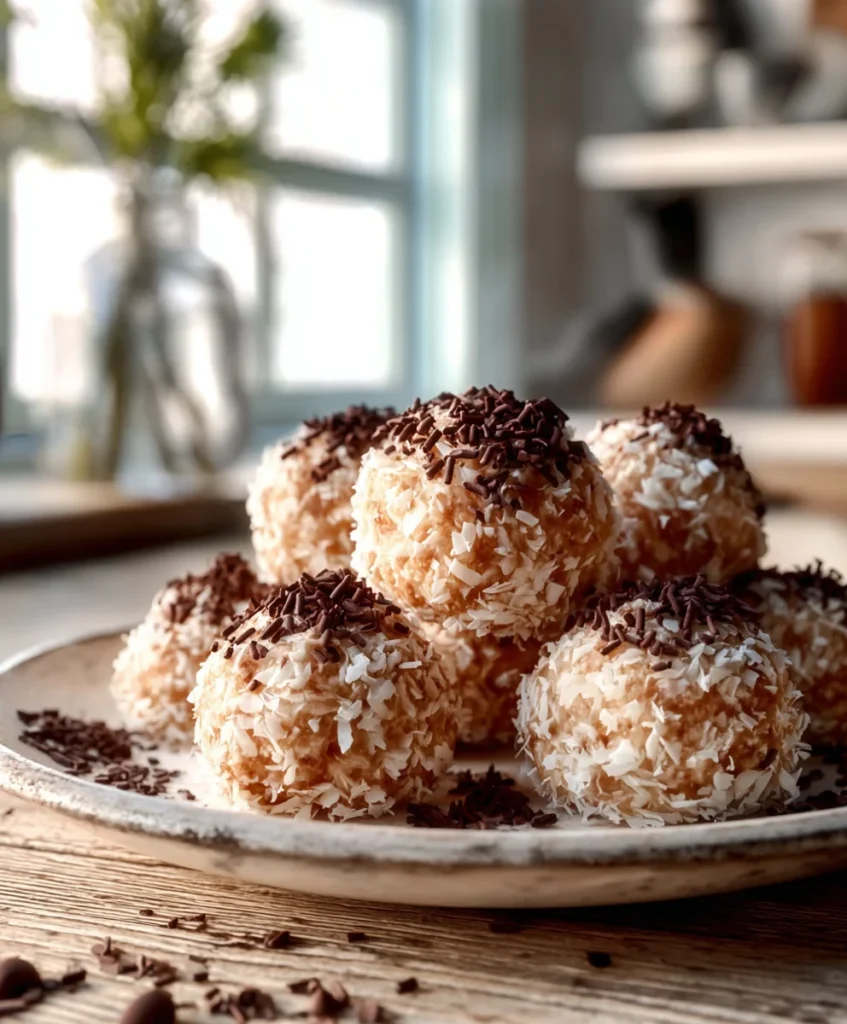 Festive platter of Best No-Bake Moose Farts coated in coconut