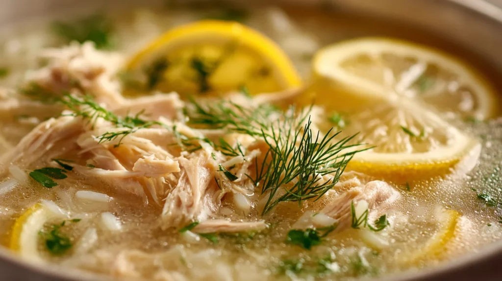 Creamy Greek Lemon Chicken Soup with lemon slices and fresh dill.