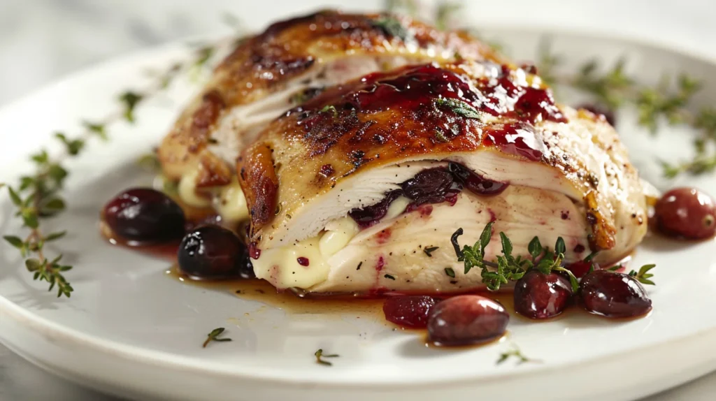 Impressive Cranberry Brie Stuffed Chicken Breast served on a plate with melted brie and cranberry sauce.