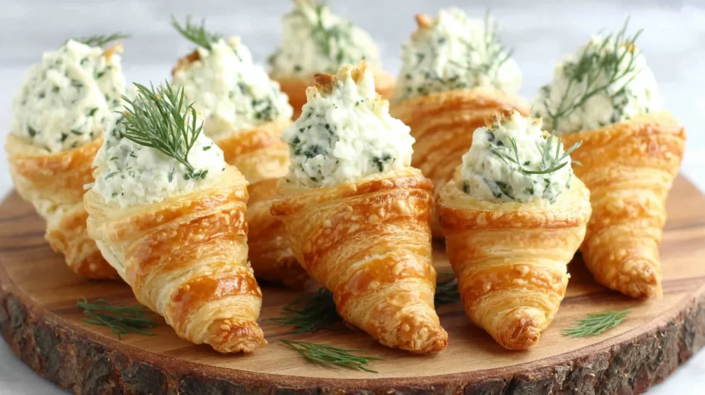 Golden Herb Cream Cheese Puff Pastry Cones served on a rustic board.