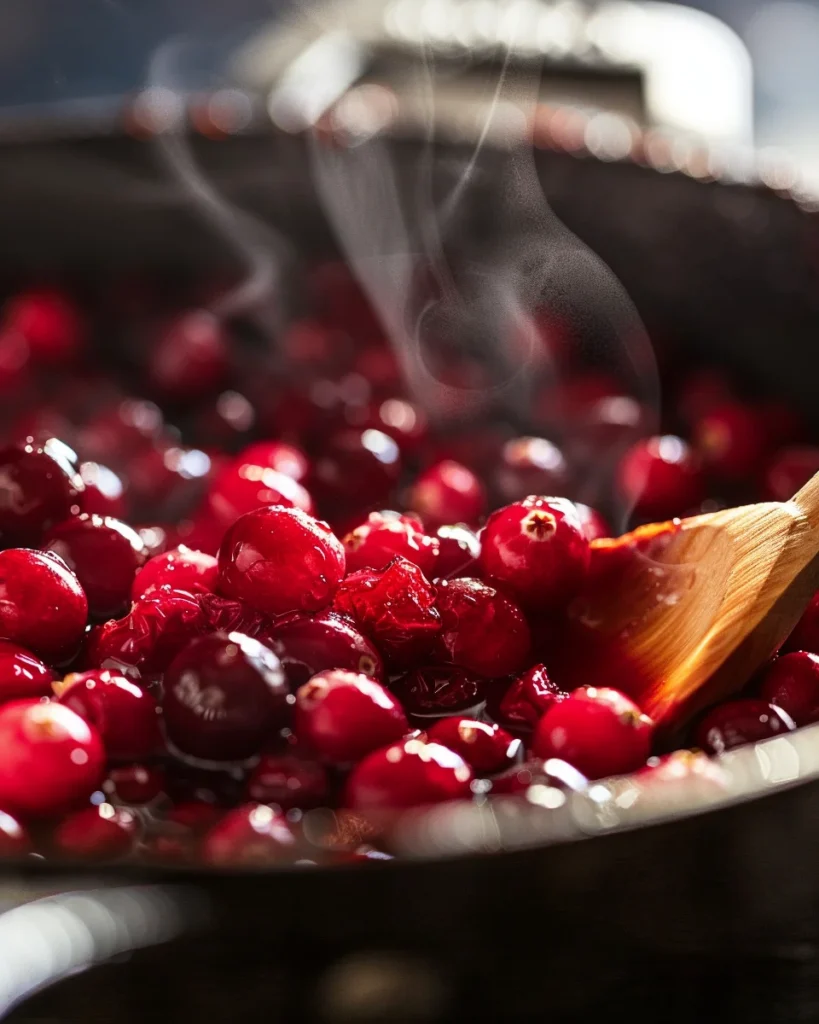 Cranberries simmering in a saucepan with honey and orange juice for the stuffed chicken recipe.