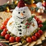Christmas Snowman Cheese Ball with crackers on a festive holiday platter.