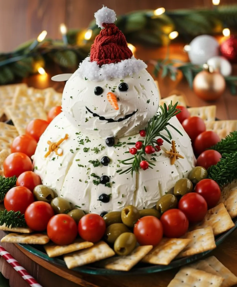 Christmas Snowman Cheese Ball with crackers on a festive holiday platter.