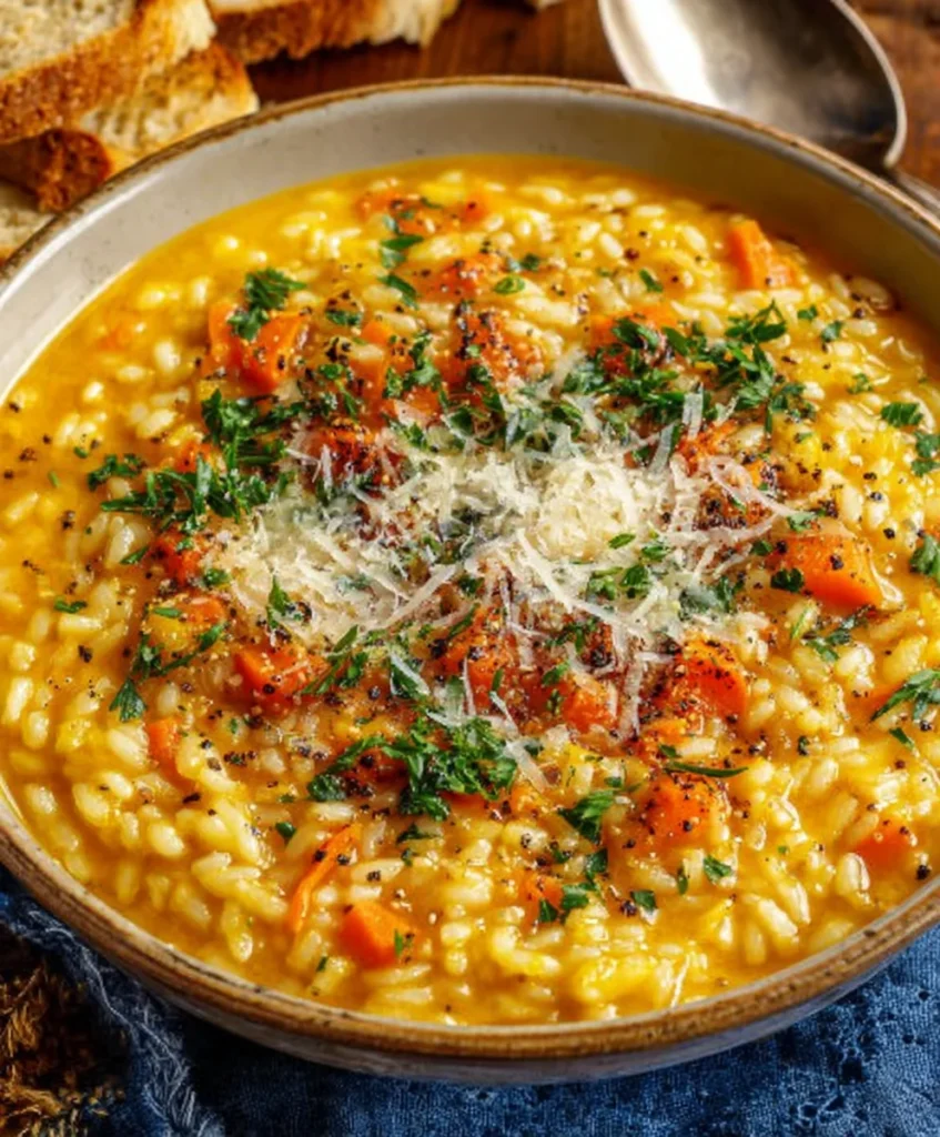 A served bowl of Italian Penicillin Soup topped with herbs and Parmesan.