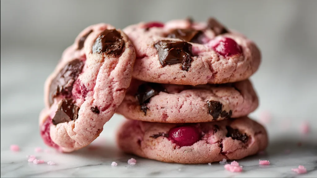 Stack of Soft Maraschino Cherry Chocolate Chunk Cookies with visible cherries and melting chocolate chunks on a white plate.