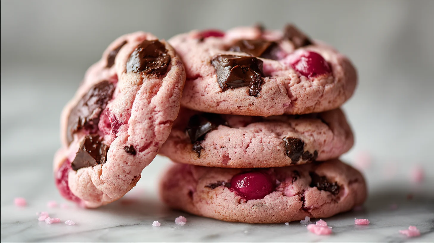 Stack of Soft Maraschino Cherry Chocolate Chunk Cookies with visible cherries and melting chocolate chunks on a white plate.