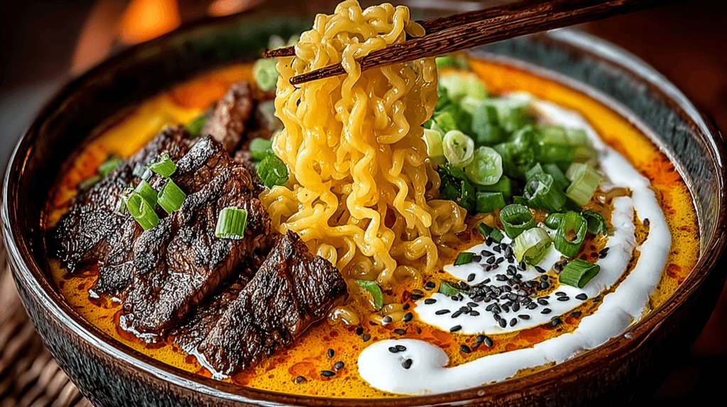 Spicy Korean Ramen with Grilled Beef in a rich red broth